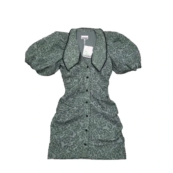 GANNI Organza Mini Dress Size 36 Myrtle Jacquard Balloon coquette fairy A004055 - Picture 4 of 13